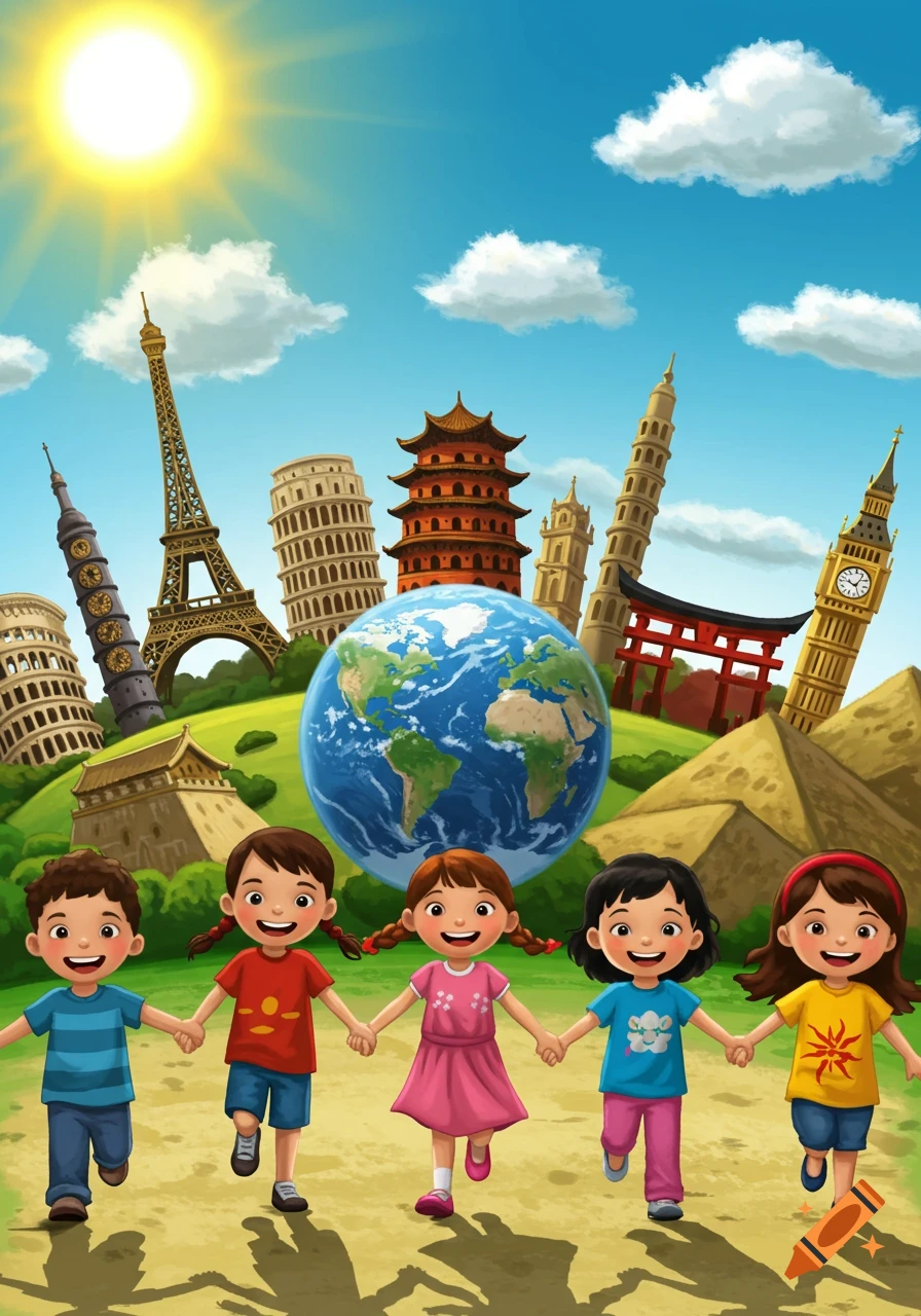 Cartoon illustration of five diverse children holding hands, running in front of a globe and world landmarks under a sunny sky.