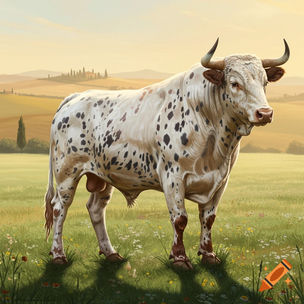 A white bull with black spots stands in a sunny green field with wildflowers, rolling hills and trees in the background.