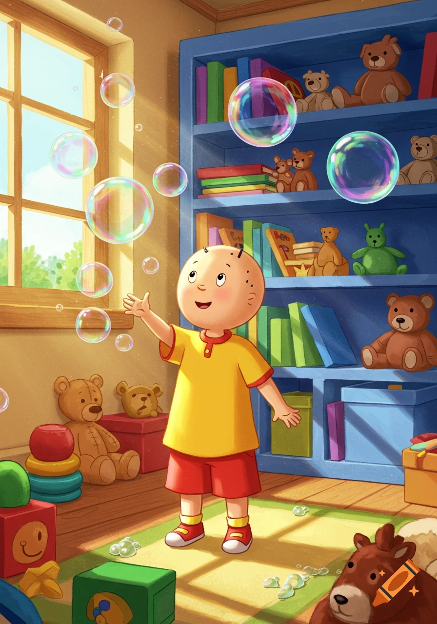 Caillou, a bald child in a yellow shirt and red shorts, smiles up at colorful bubbles floating in a sunlit room filled with toys.