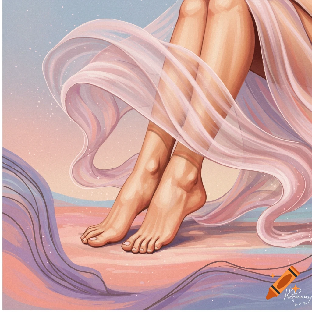Digital art illustration of bare legs and feet with flowing sheer fabric in soft pastel colors.
