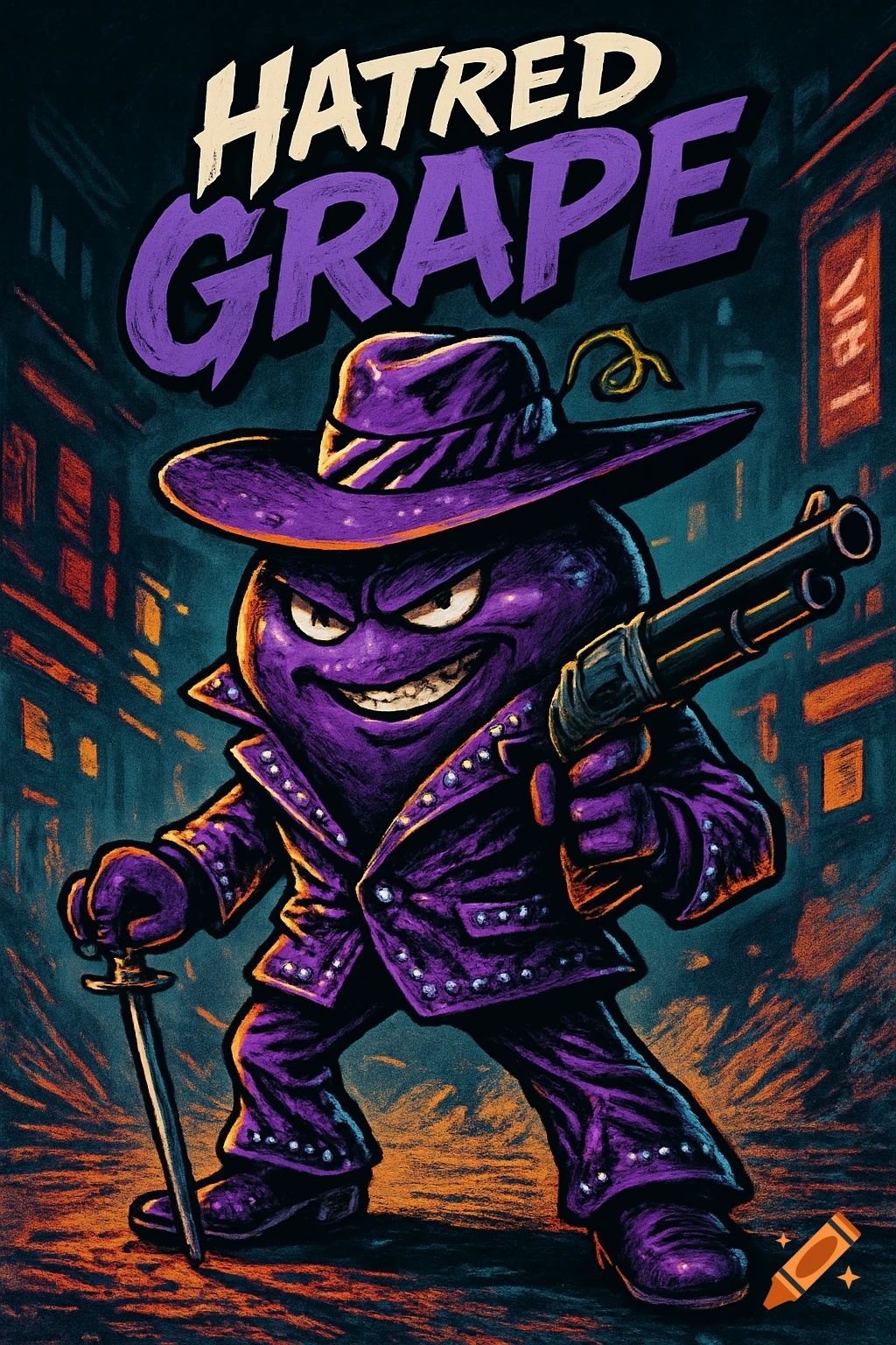 A purple cartoon grape in a pimp suit and hat holds a shotgun and cane sword in a dark city street, under 'HATRED GRAPE' title.