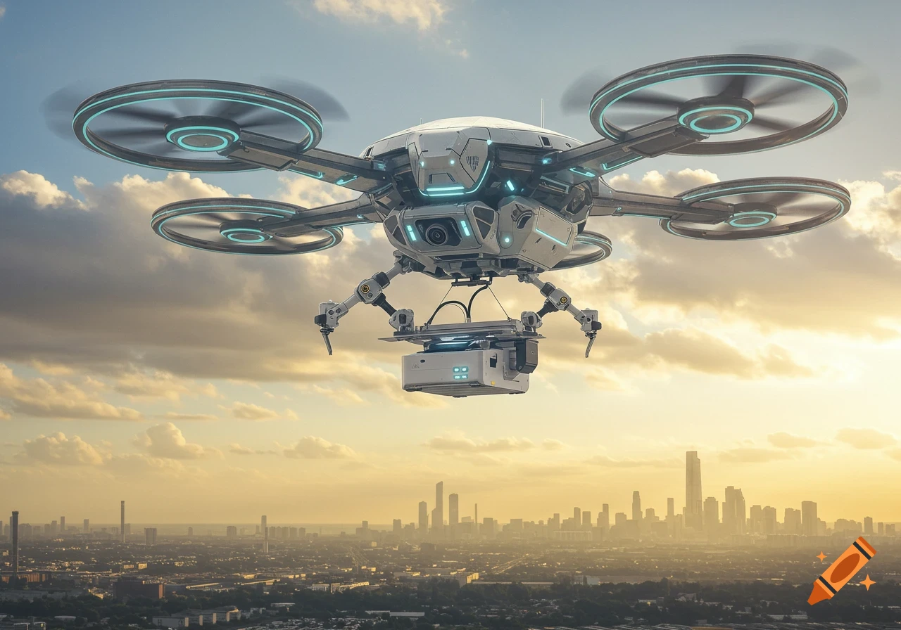A large, futuristic drone with blue glowing accents flies above a city skyline at sunset, carrying a delivery module.