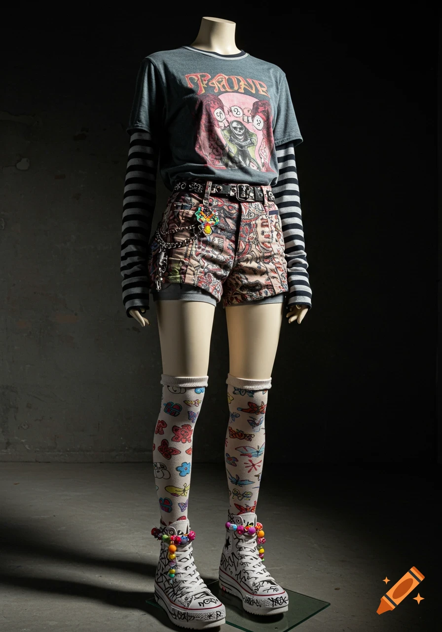 A headless mannequin wears an alternative fashion outfit: a graphic t-shirt over a striped shirt, patterned shorts, knee-high socks, and graffiti platform sneakers with colorful beads.
