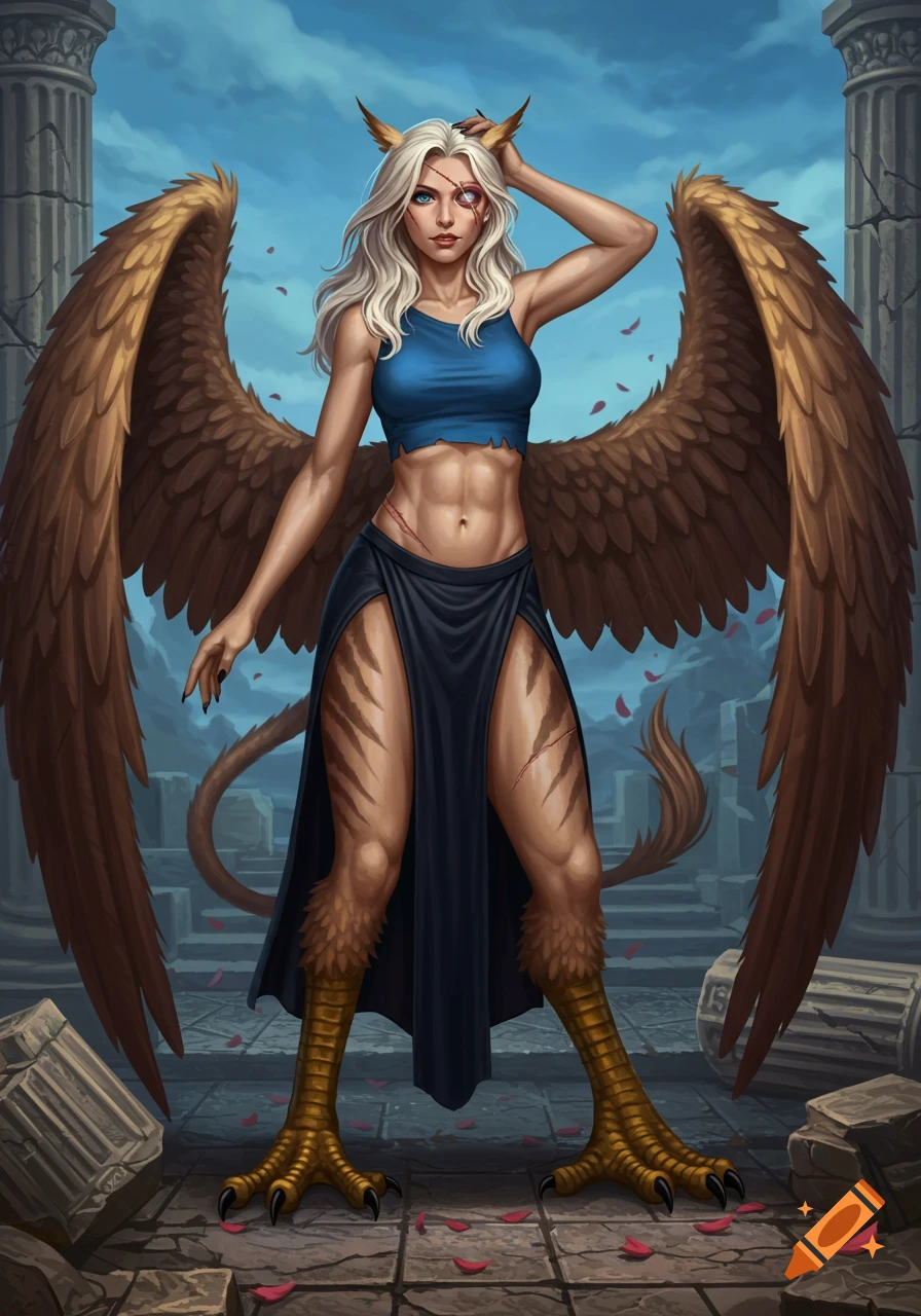 Blond griffin-human hybrid with large wings, a blue crop top, black split skirt, bird legs, and a scarred blind eye, stands in ancient ruins.