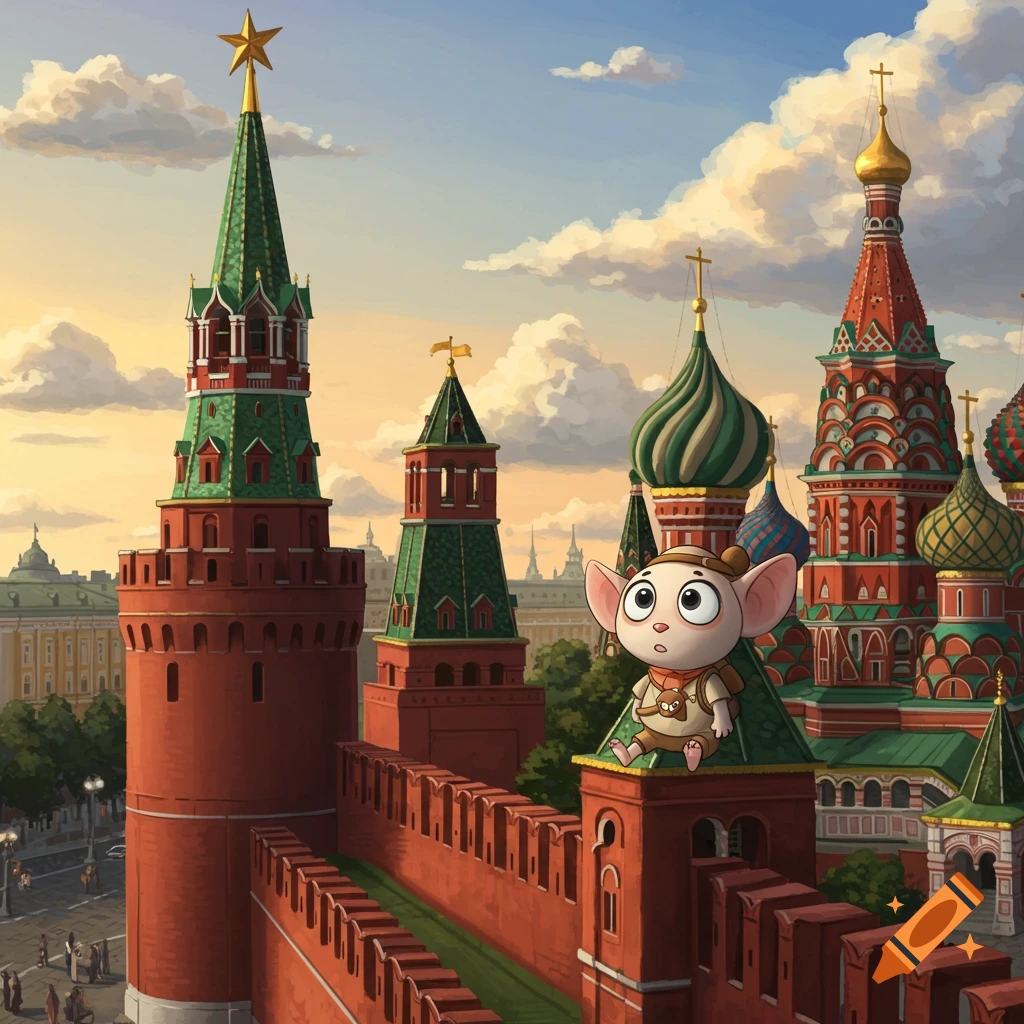 A cute cartoon character sits on the red walls and green roof of the Kremlin, with colorful domes and a golden star spire against a cloudy sunset sky.