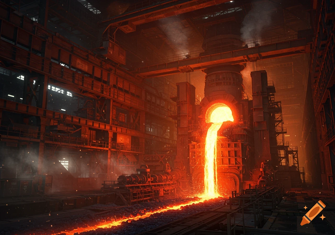Photorealistic view inside a dark steel plant with molten metal flowing from a glowing blast furnace into a ground channel.