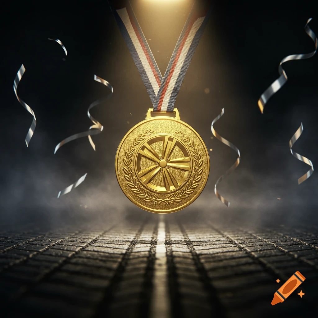A gleaming gold medal with a tire design and patriotic ribbon hangs over a dark road, illuminated by a spotlight with falling confetti.