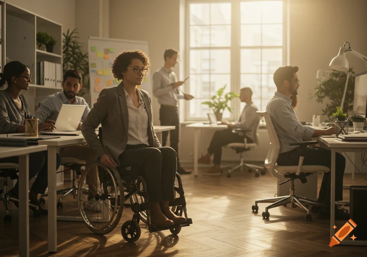 A woman in a wheelchair works at a desk in a bright, modern office alongside other colleagues. Photorealistic.