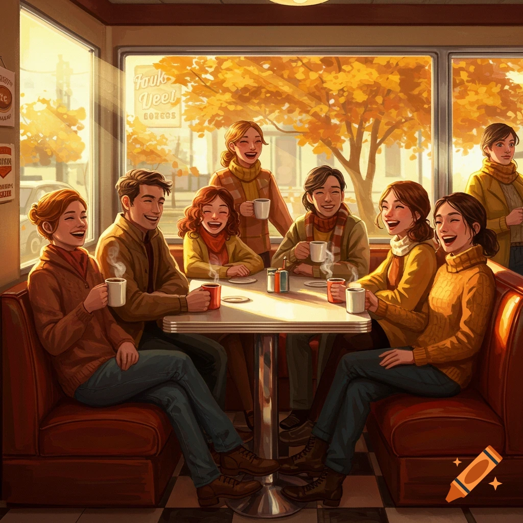 A happy diverse group of people drinking coffee at a diner in autumn clothes, bathed in warm sunlight.