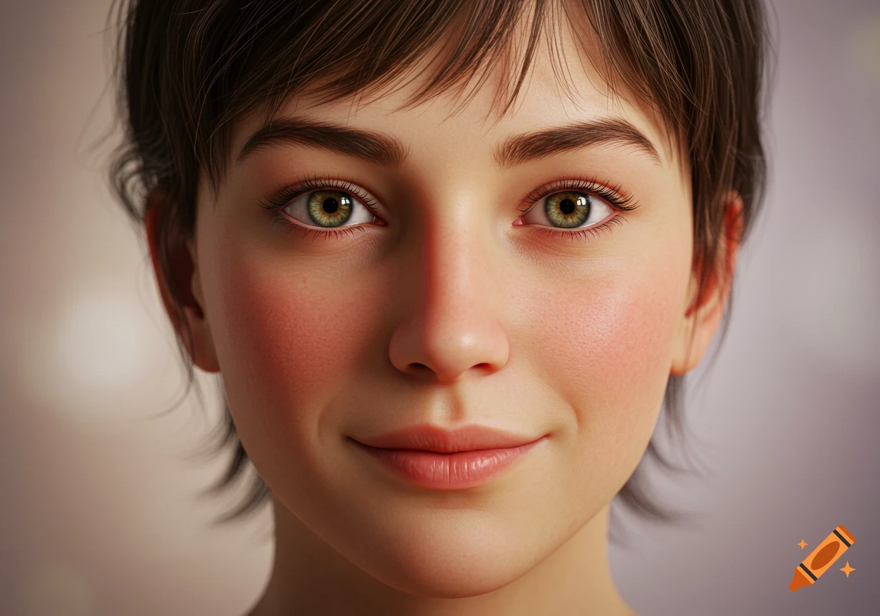 Close-up photorealistic portrait of a young person with short brown hair, green eyes, and a slight smile.