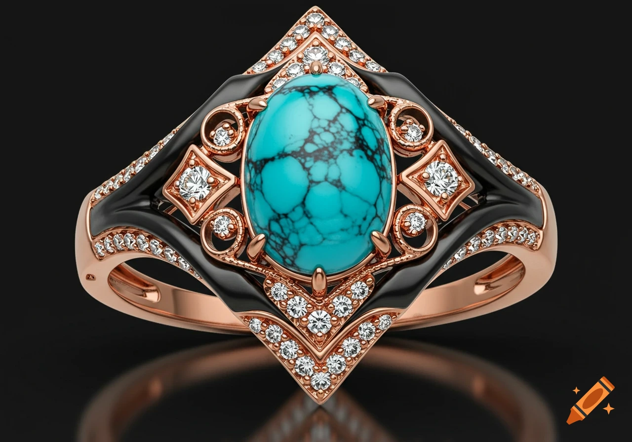 A luxurious rose gold ring with black accents, an oval turquoise center stone, and surrounding diamonds on a dark background.
