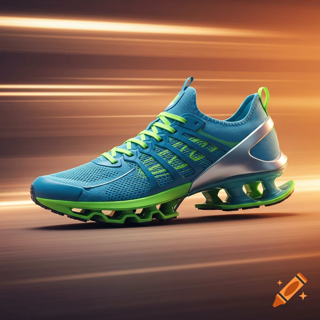 A vibrant blue and lime green athletic shoe with a unique, spring-like sole design, shown in profile against a blurred motion background.