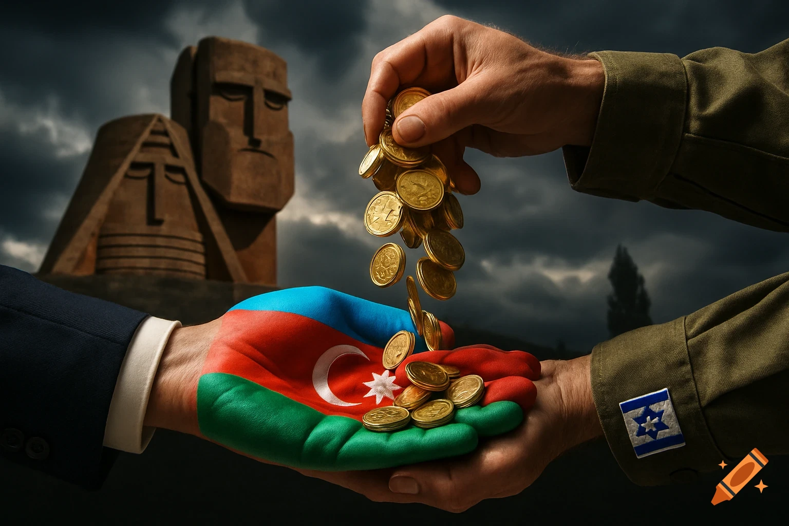 Photorealistic image of a hand painted with the Azerbaijan flag receiving gold coins from a hand with an Israeli insignia, with a monument in the background.