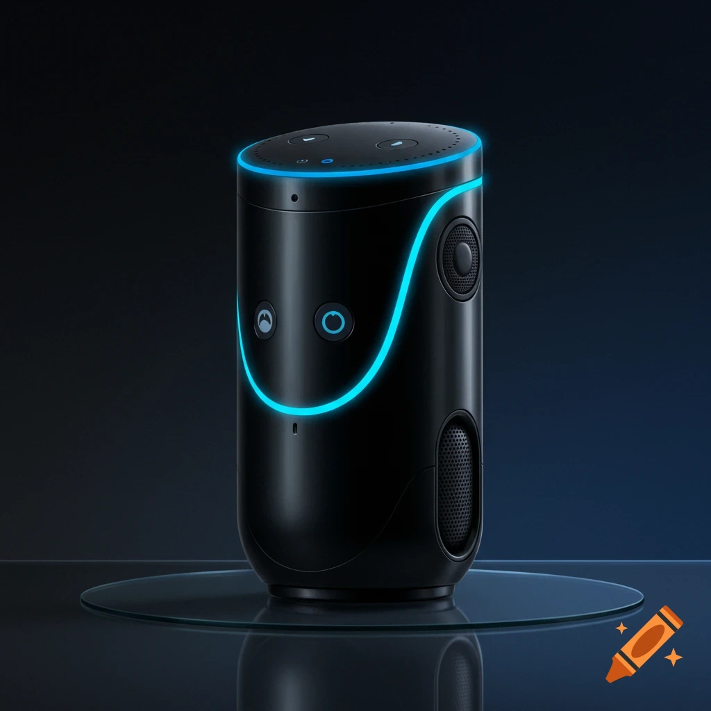 A sleek black cylindrical smart speaker-like robot with glowing blue lines and dots, standing on a glass surface in a dark room.