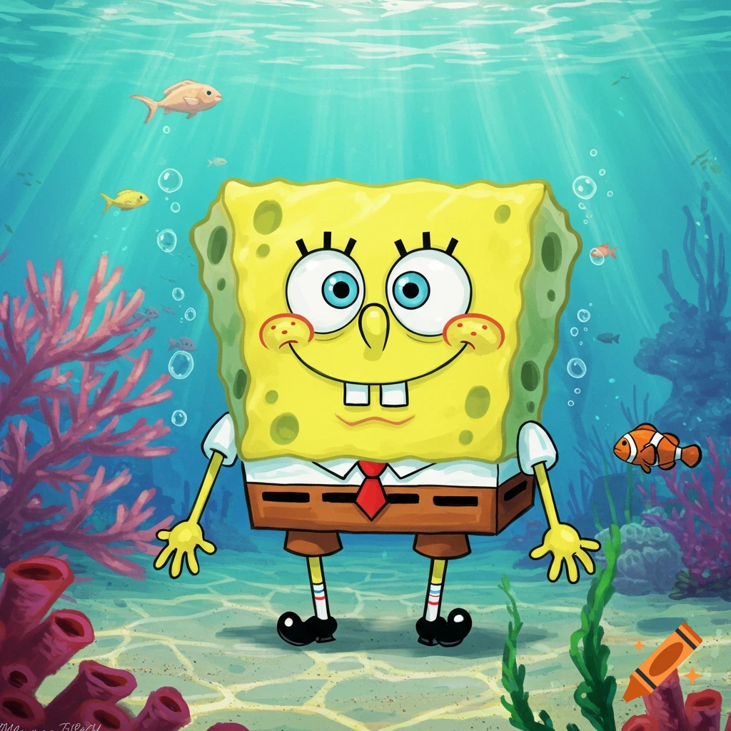 An illustration of Spongebob Squarepants smiling underwater amidst colorful coral and fish.