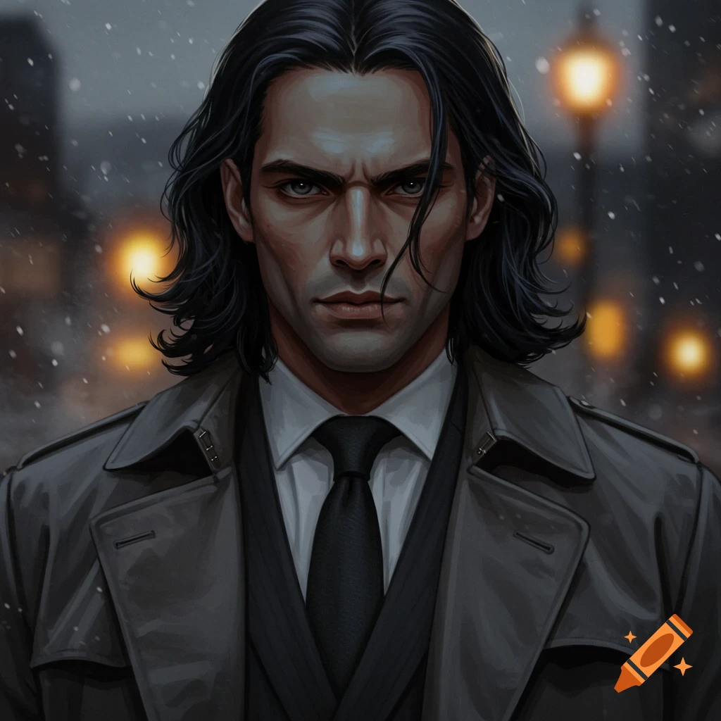 Close-up illustration of a man with long black hair, wearing a white shirt, black tie, and a dark trench coat in a snowy street.