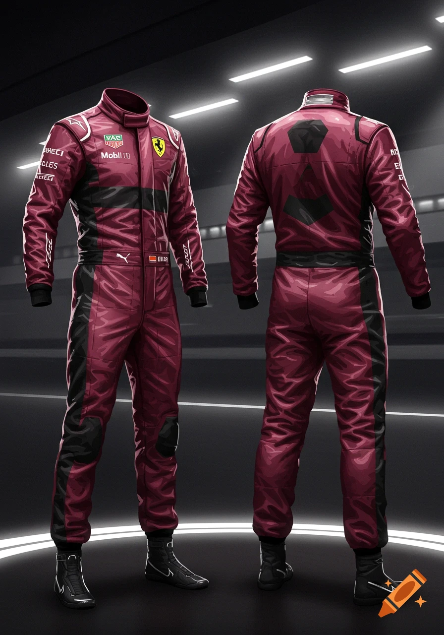 Two burgundy and black Formula 1 racing suits, displayed front and back, standing on a dark track-like surface.