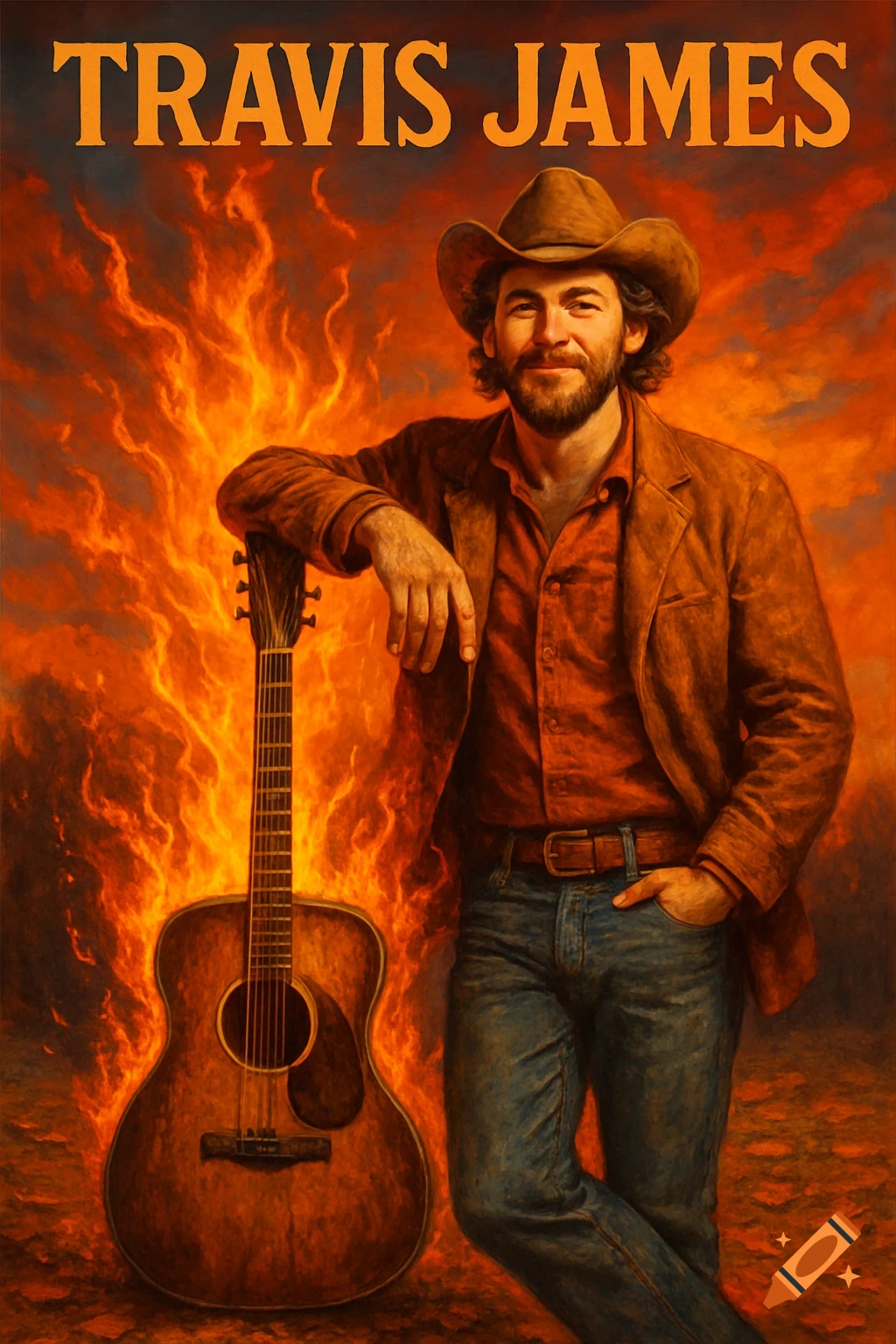 A man in a cowboy hat and jacket leans on a guitar against a fiery background, with 'TRAVIS JAMES' at the top, painted style.