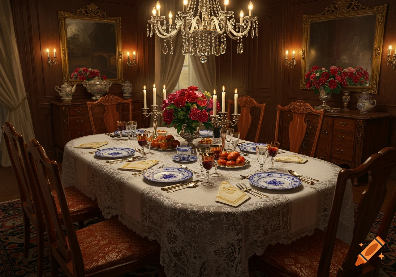 Photorealistic image of an elegant dining room with a long table set for dinner, featuring blue and white plates, red roses, and a crystal chandelier.
