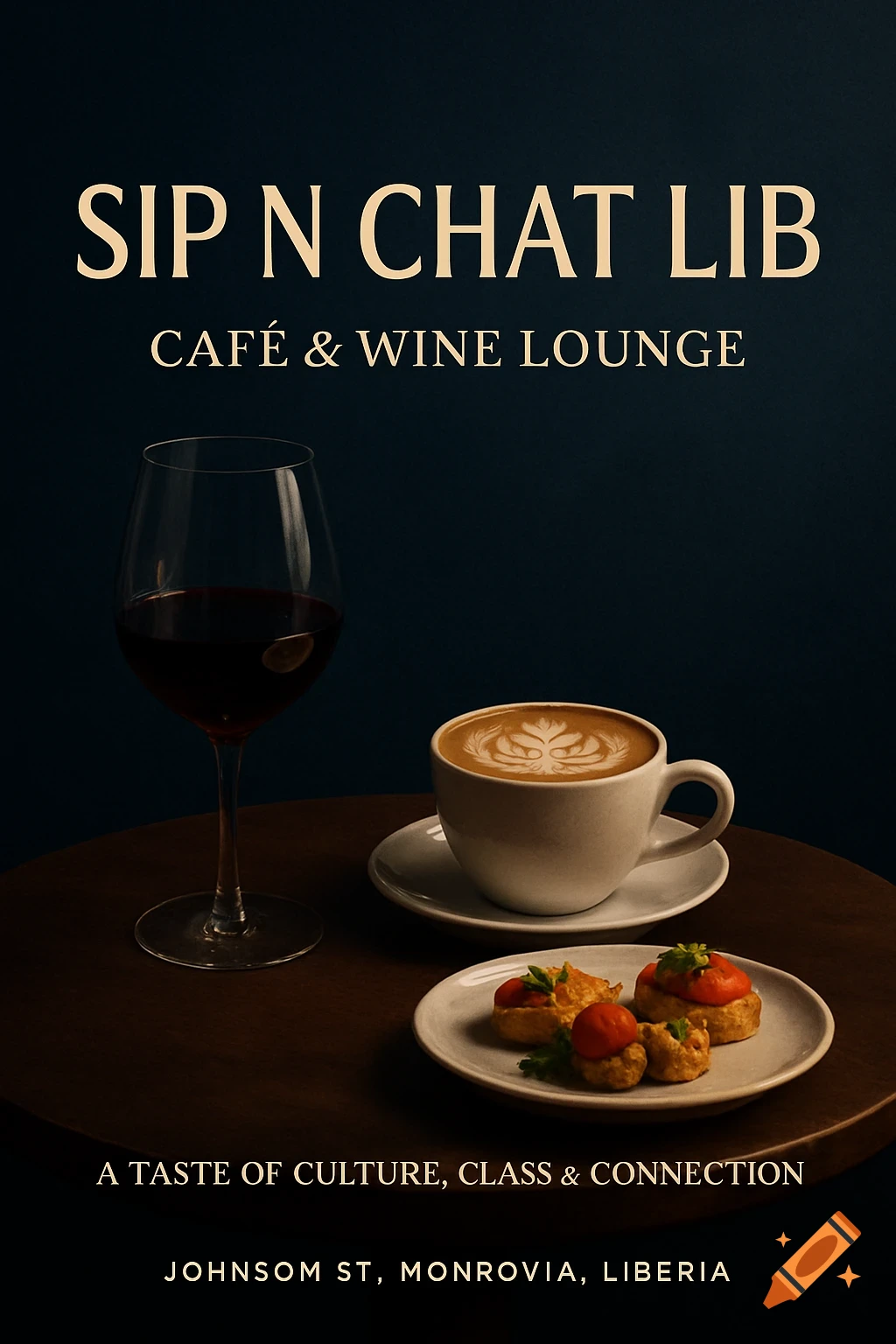 A glass of red wine, a latte with foam art, and appetizers on a table, with "SIP N CHAT LIB" text.