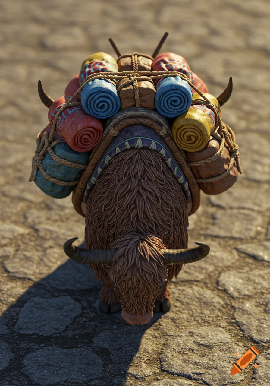 A detailed, stylized yak figurine carrying colorful rolled bundles, viewed from above on a textured ground.