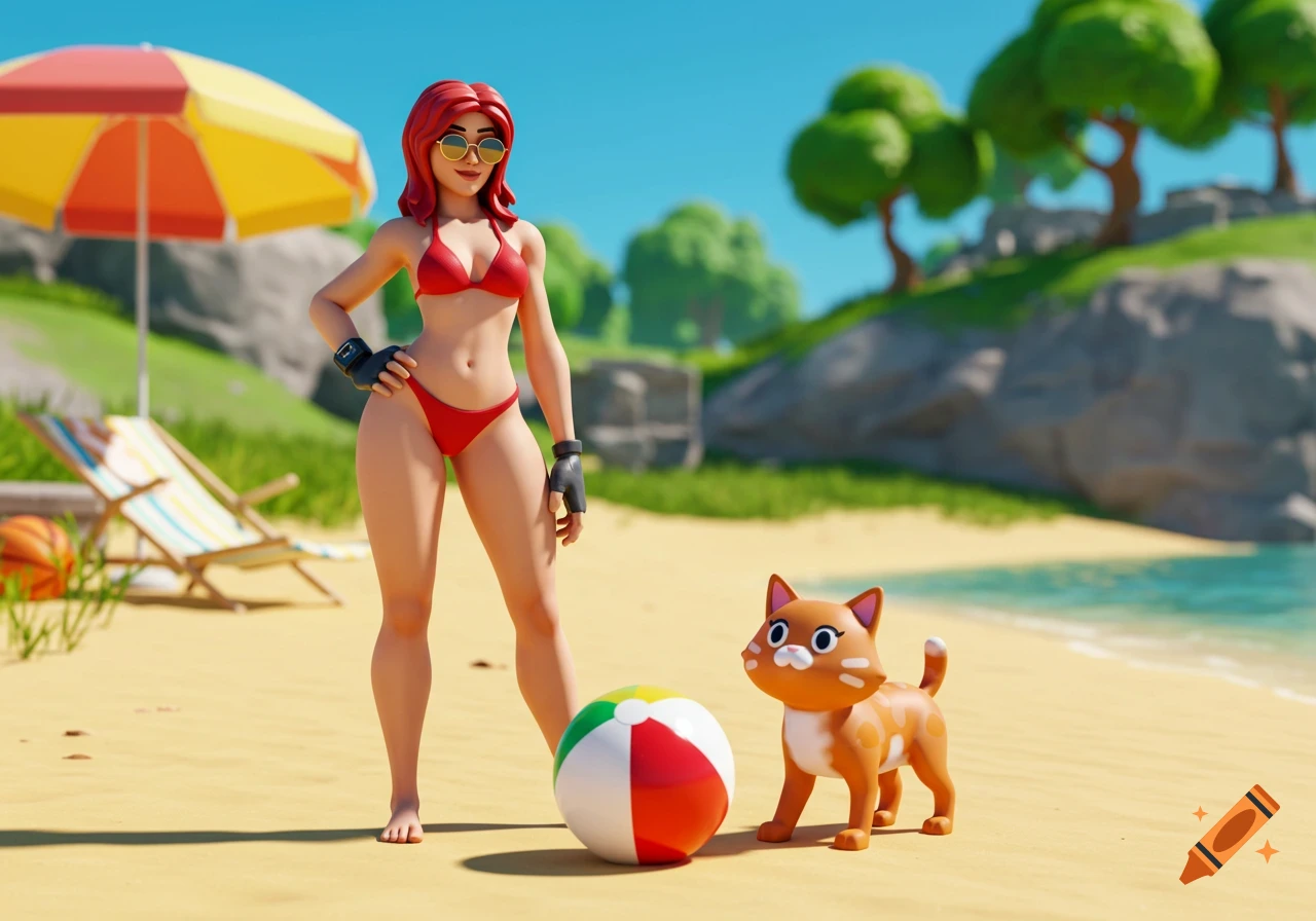 A red-haired female character in a red bikini and sunglasses stands on a sandy beach with a cat and a beach ball in Fortnite 3D style.