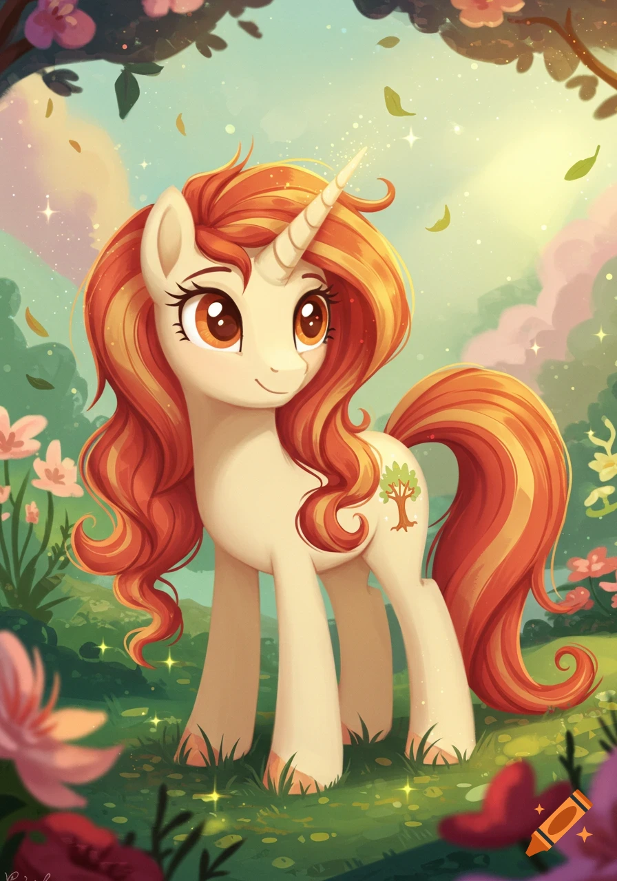A cream-white My Little Pony unicorn with long, wavy reddish-orange hair and amber eyes, standing in a magical forest with a tree cutie mark.