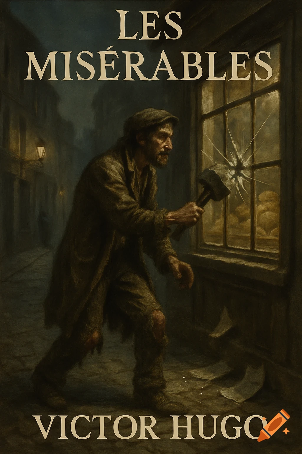 A disheveled man in rags shatters a bakery window with a hammer on a dark street, title 'Les Misérables' by Victor Hugo. Realistic painting.