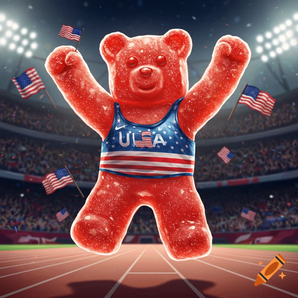 A vibrant red gummy bear athlete in an American flag tank top, arms raised in victory in a crowded sports stadium with flags.
