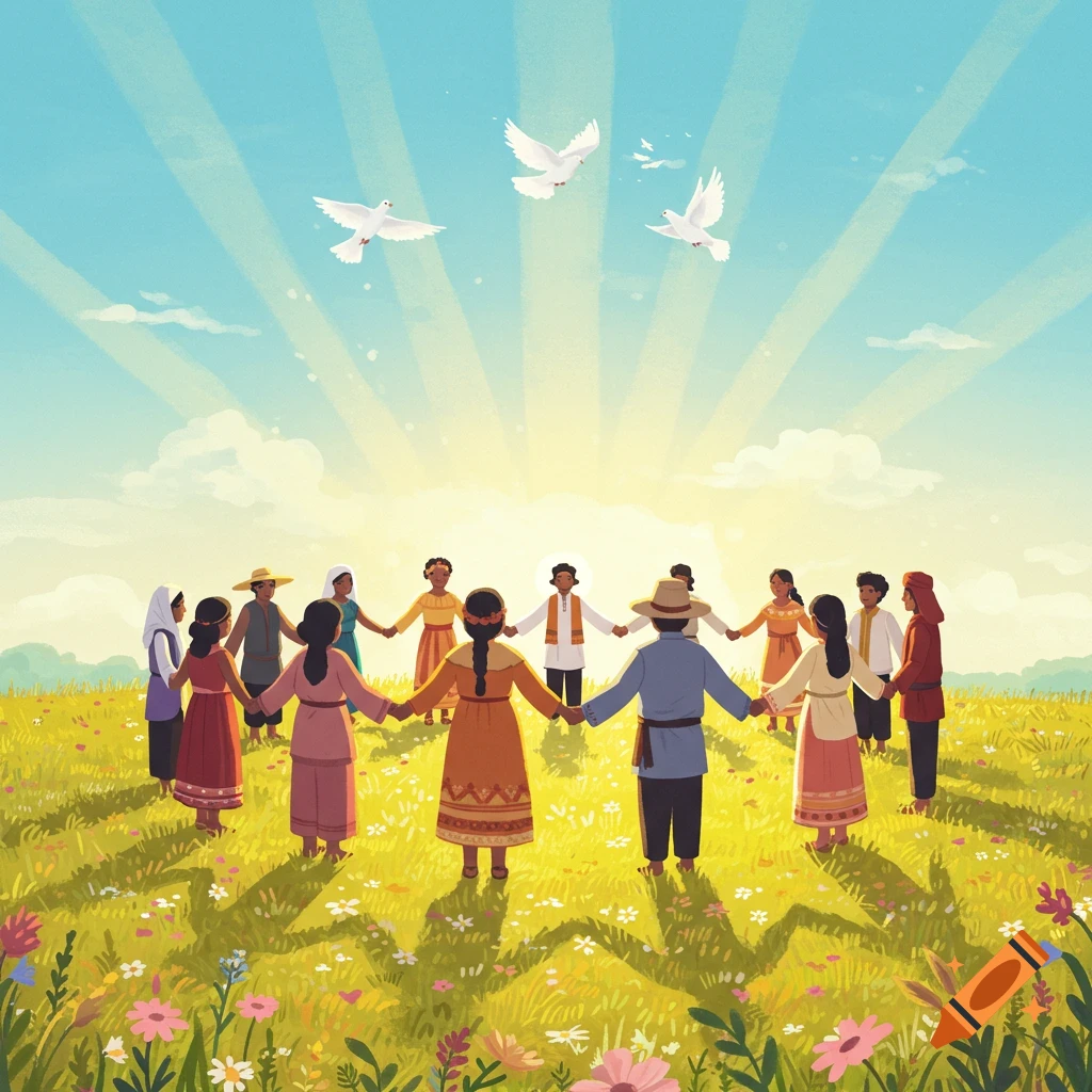 Illustration of diverse people holding hands in a circle in a sunny, flower-filled field with doves flying.
