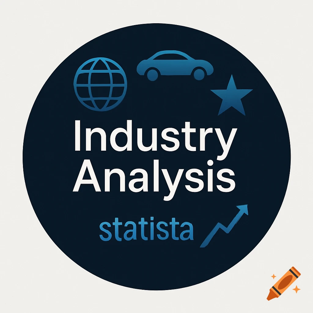 A round navy blue logo for 'Industry Analysis' with 'statista' below. It features blue icons of a globe, car, star, and an upward trend arrow.