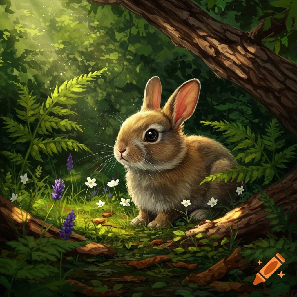 A cute brown rabbit sits on mossy ground with ferns and white and ...