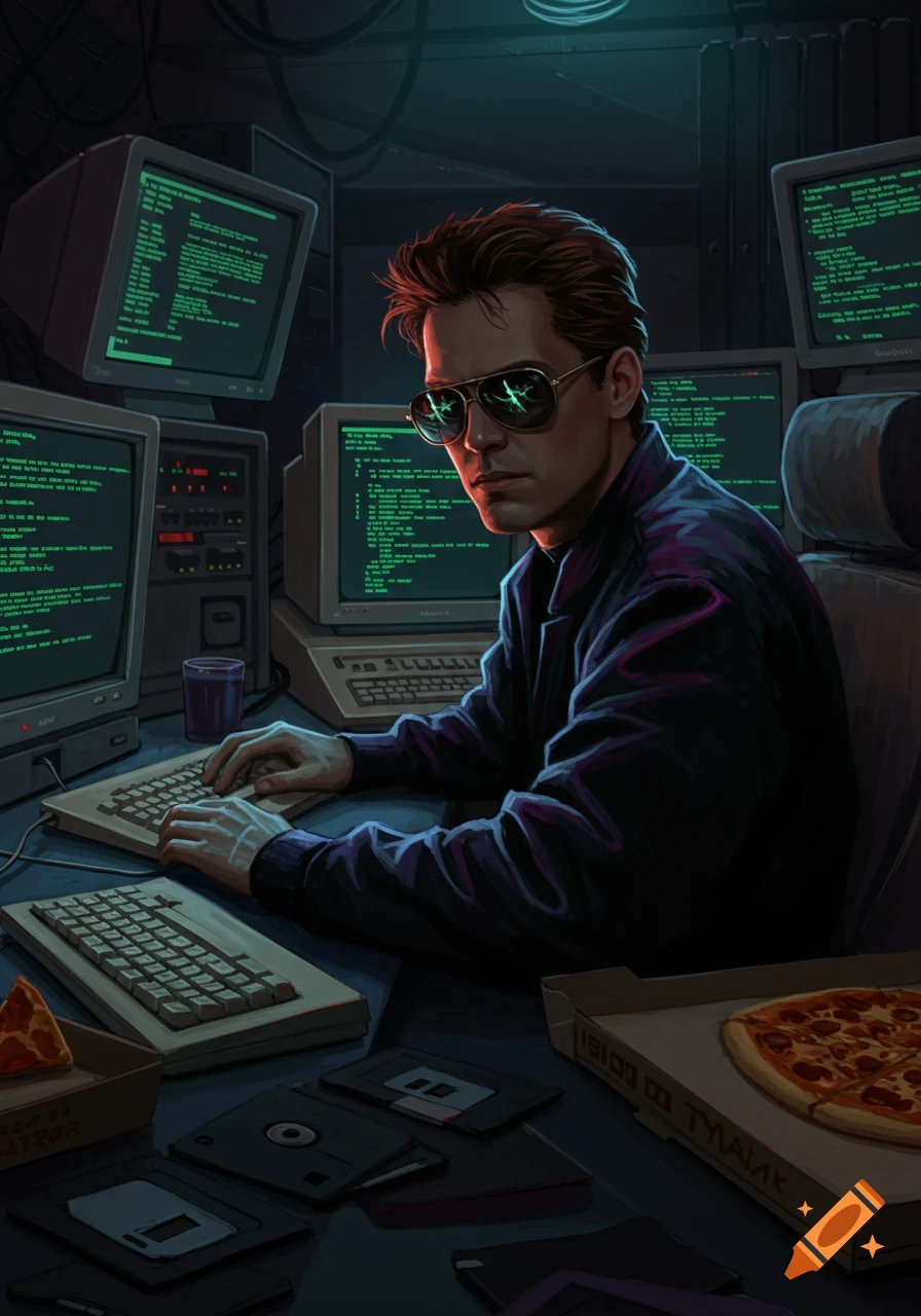 A male hacker with sunglasses works intently in a dark room, surrounded by multiple glowing green computer monitors, keyboards, pizza, and floppy disks.