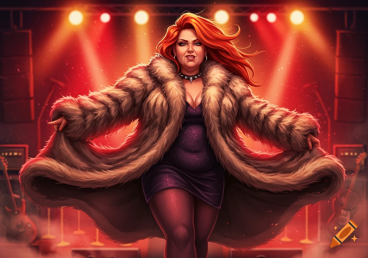 A confident, red-headed woman in a fur coat and dress on a rock stage, illuminated by red spotlights.