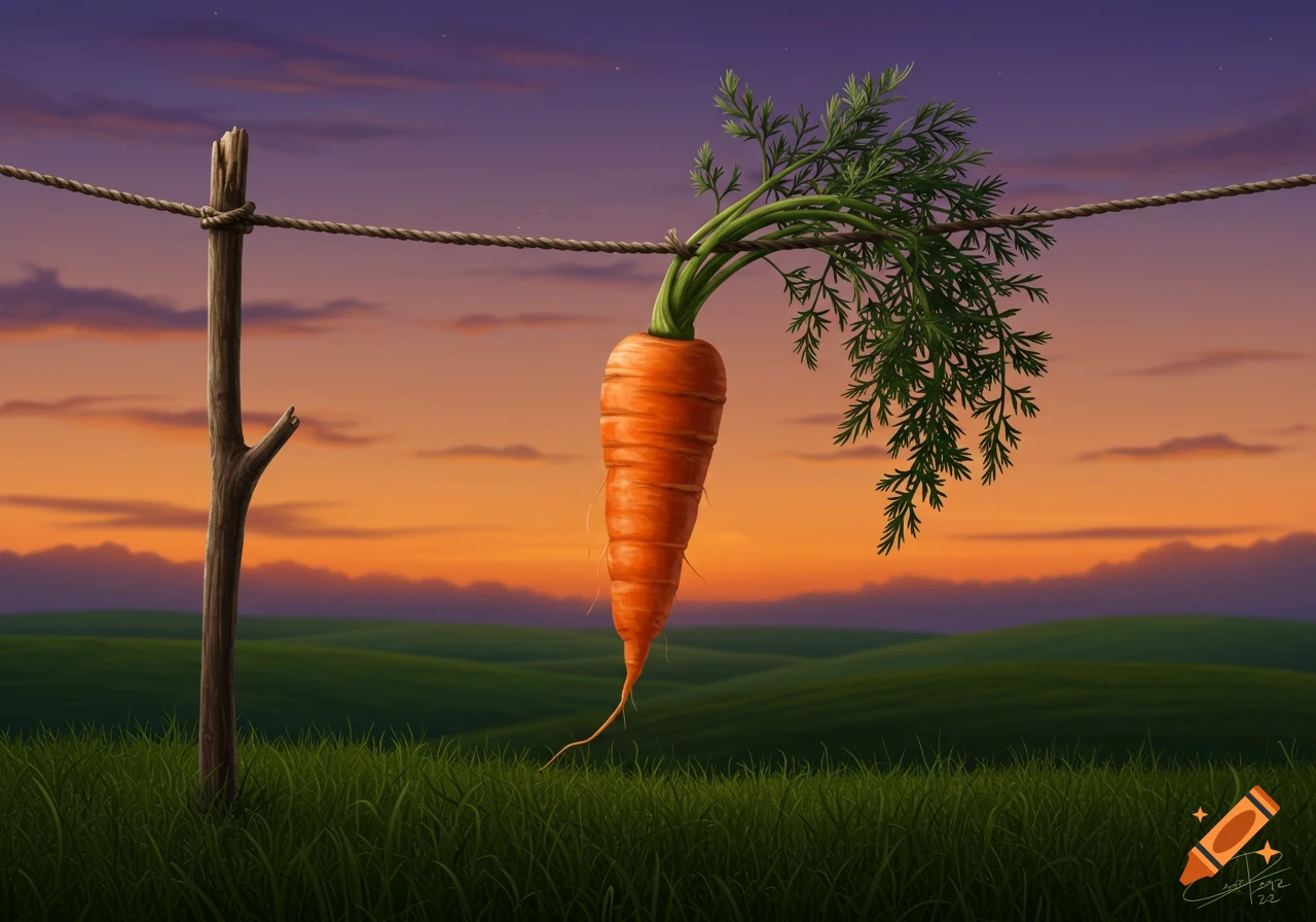 A large carrot with leafy greens hangs from a rope tied to a wooden stick, set against a vibrant sunset sky over rolling green hills.