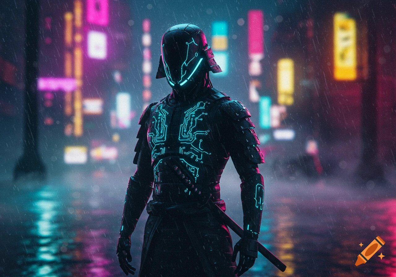 A dark, futuristic samurai with glowing blue circuit armor and a katana stands in a rainy cyberpunk city.