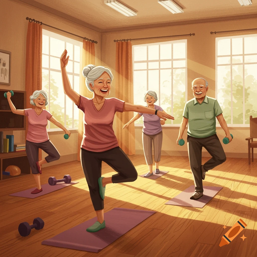 Smiling elderly people exercise indoors, balancing and lifting dumbbells in a sunlit room.