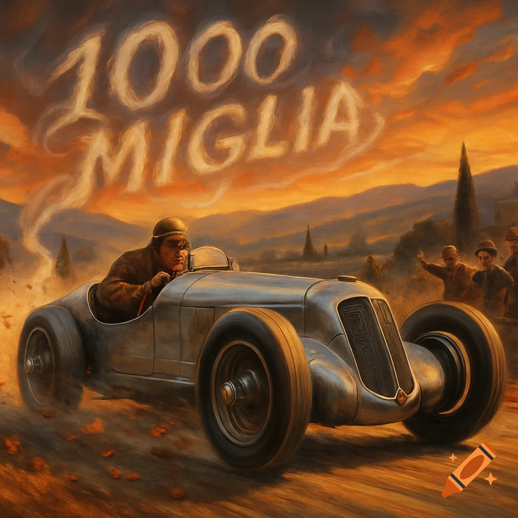 A painting of a driver in a vintage silver race car speeding on a dirt track, with "1000 MIGLIA" in smoke in the sky and spectators watching.