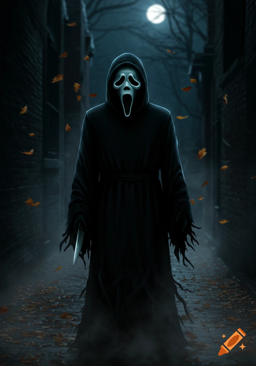 Ghostface in a black robe and mask holds a knife in a dark, leaf-strewn alley under a full moon, digital art.