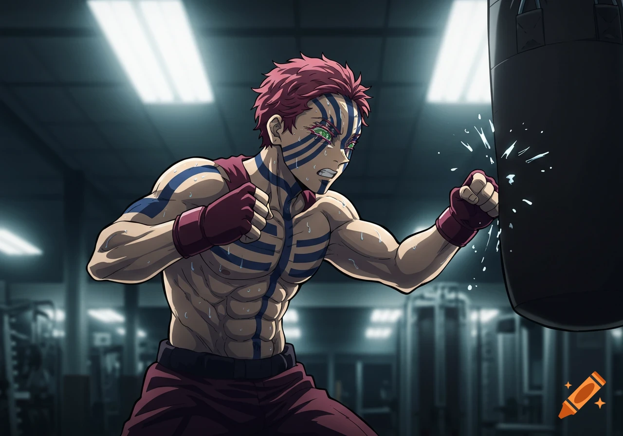 Akaza from Demon Slayer, a muscular male character with pink hair and blue stripes, punching a heavy bag in an anime-style gym.