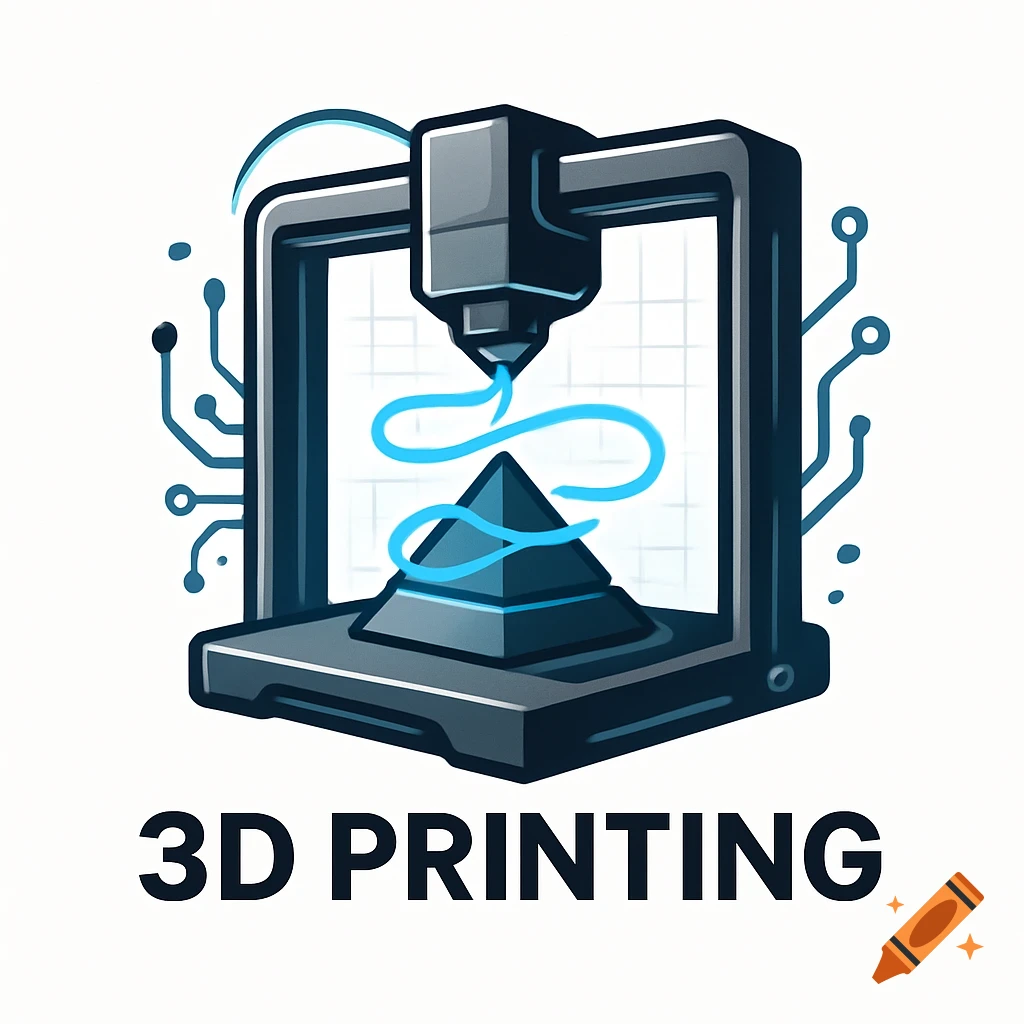 Stylized logo depicting a 3D printer manufacturing a pyramid, with circuit board elements and the text '3D PRINTING'.