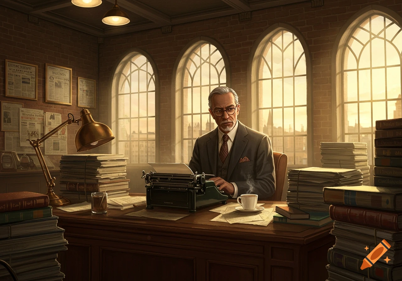 A distinguished older man with glasses sits at a desk with a typewriter, surrounded by stacks of books and papers, in a sunlit office with arched windows.