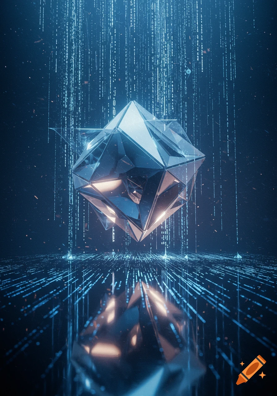 A glowing, multifaceted geometric crystal floats above a reflective surface, surrounded by falling and reflected blue digital data streams.