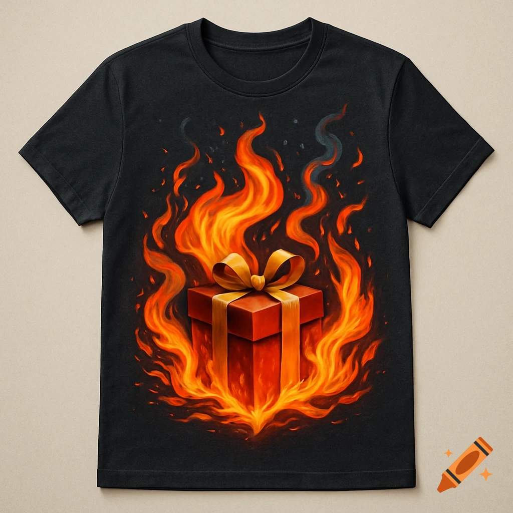 A black t-shirt with a vibrant graphic of a red gift box wrapped in a golden ribbon, engulfed in bright orange and yellow flames.