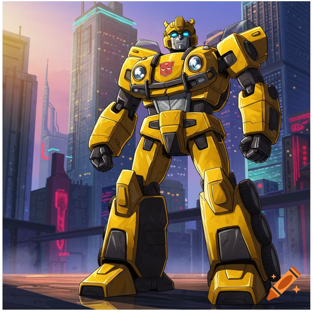 Yellow G1 Bumblebee robot stands in a futuristic city skyline at dusk, cartoon style.