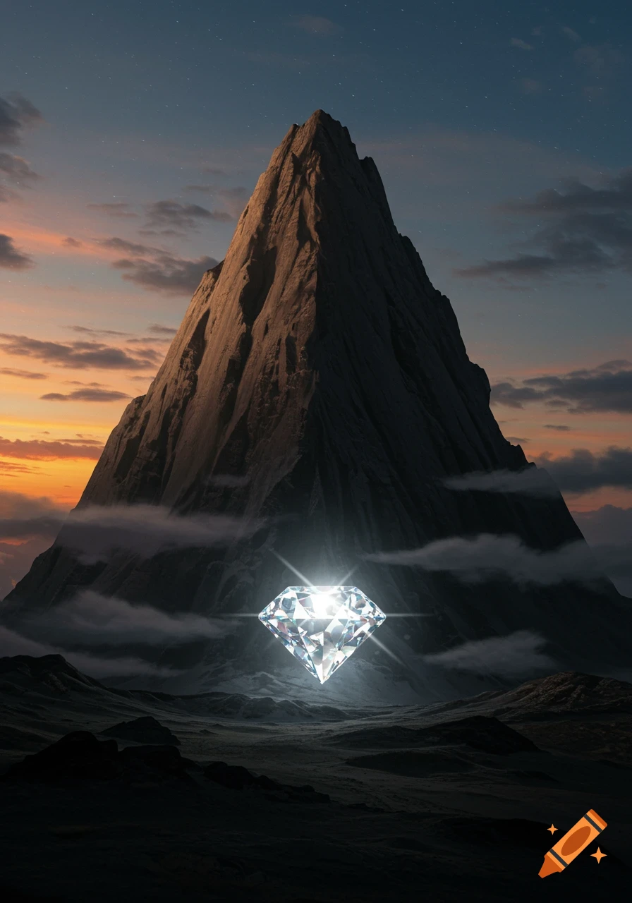 A large, glowing diamond floats before a tall, dark, triangular mountain under a twilight sky.