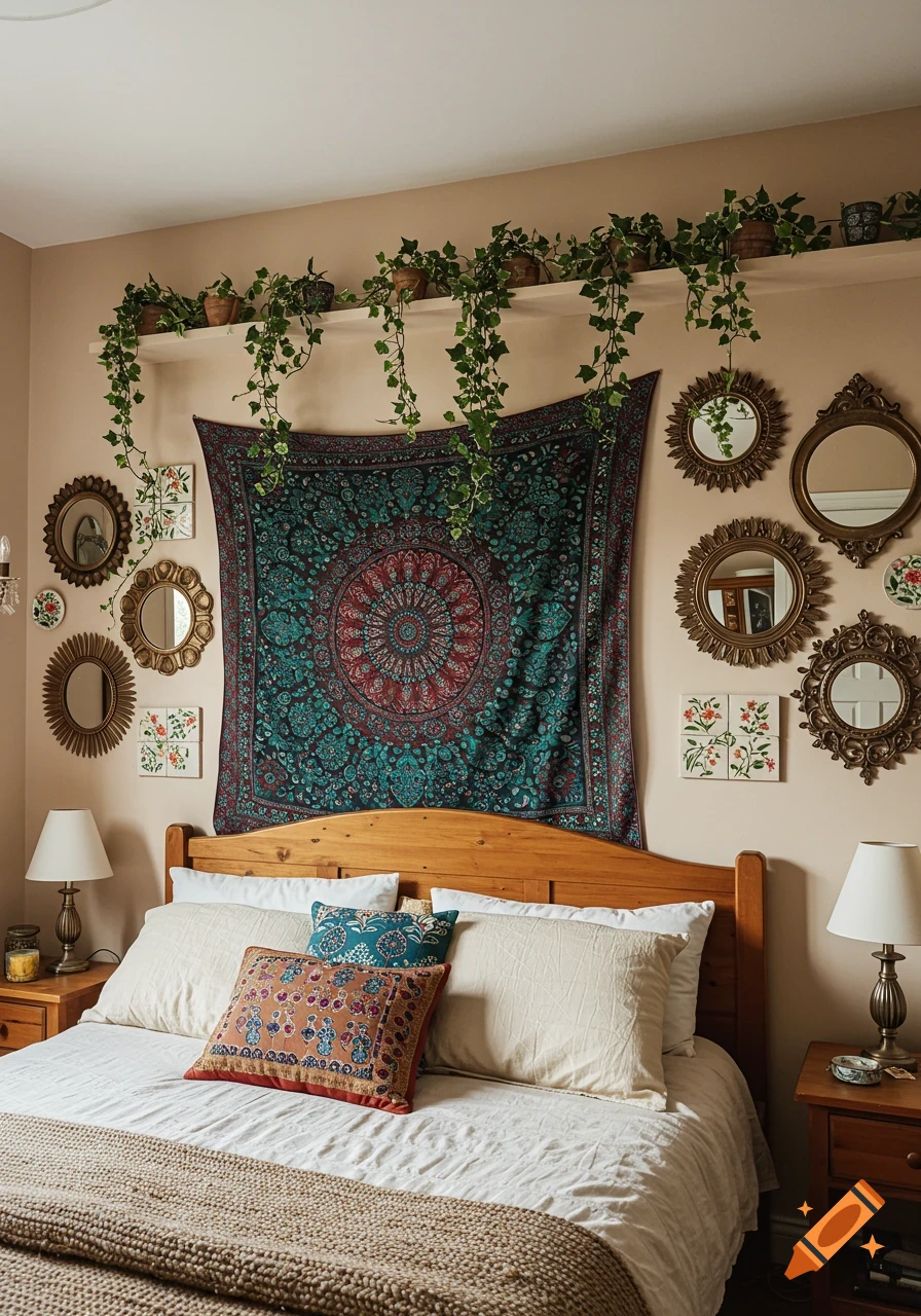 A cozy bohemian bedroom with a wooden bed, patterned tapestry, ornate mirrors, and trailing ivy plants on a shelf.