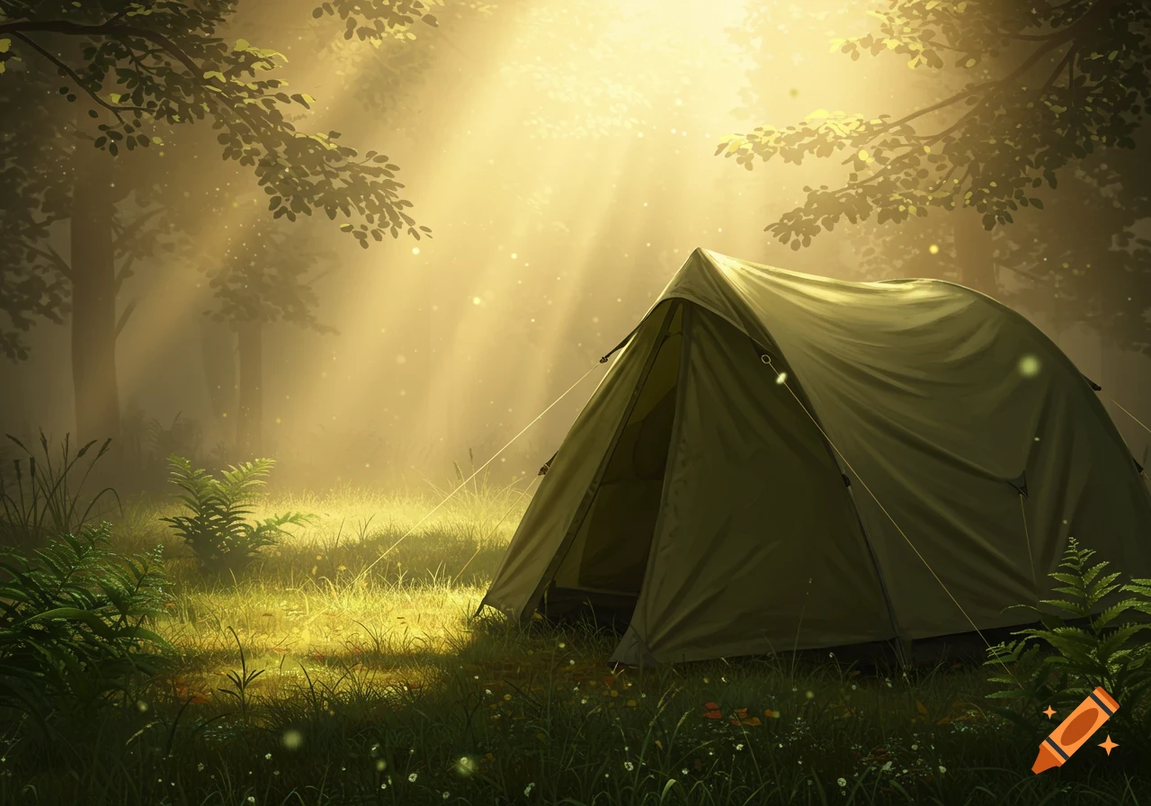 A green tent pitched in a sunlit forest clearing, surrounded by ferns and grass with dappled light filtering through trees.