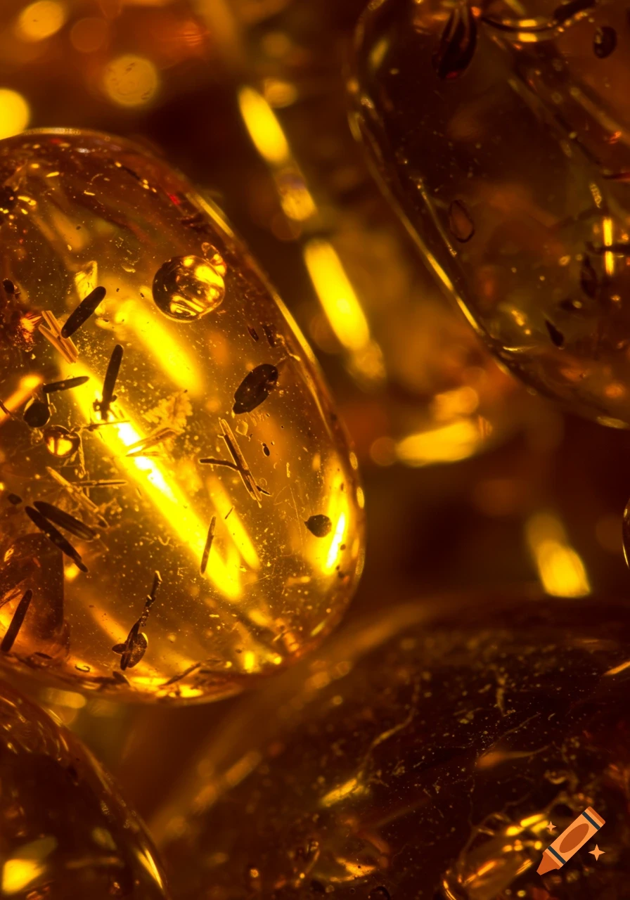 Photorealistic close-up of glowing golden-orange amber pieces with dark inclusions and bright reflections.