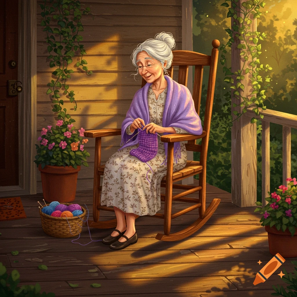Illustrated old woman with gray hair knitting on a sunny wooden porch with potted plants.